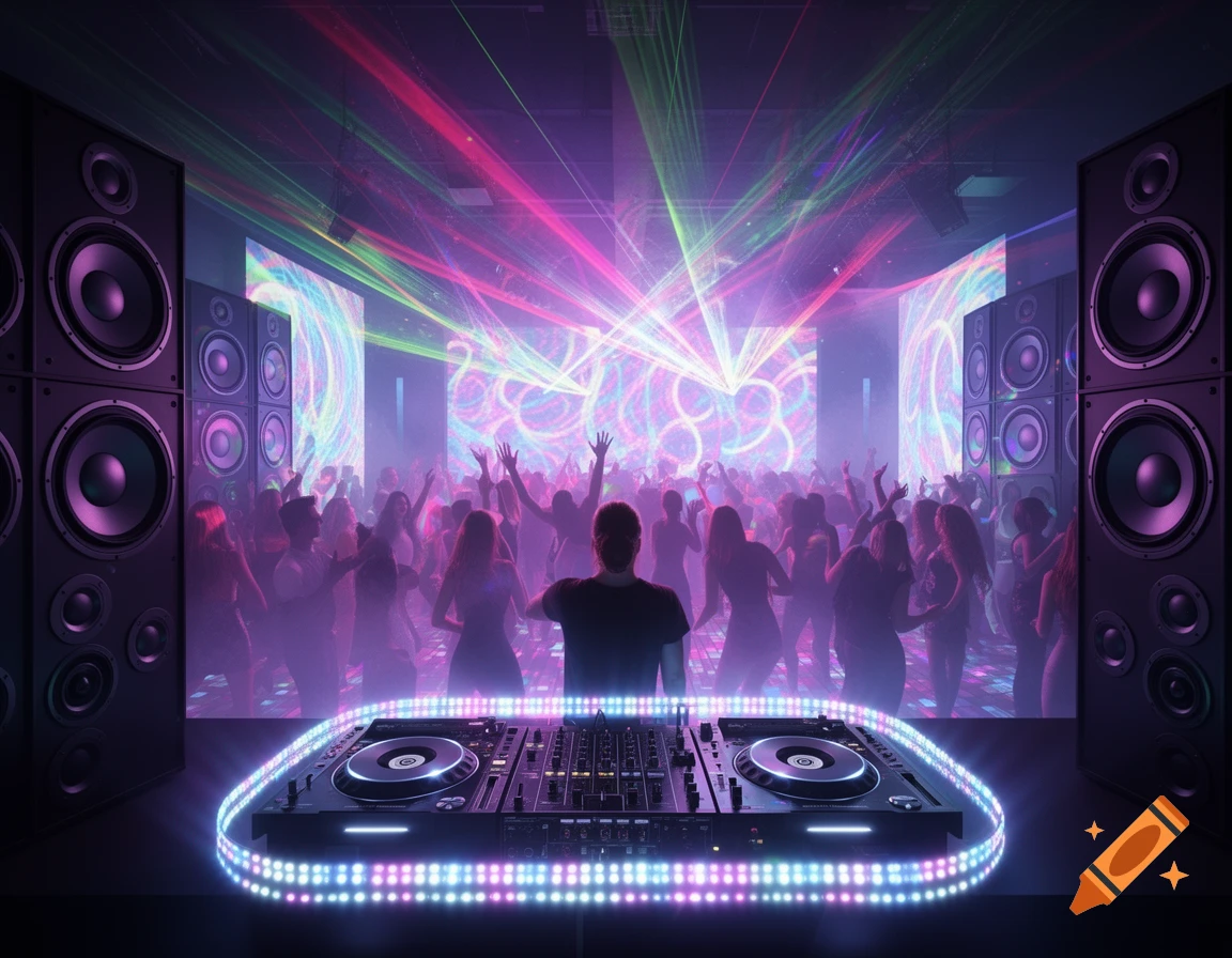 A DJ stands before a vibrant dance floor with a crowd dancing under colorful laser lights, flanked by large speakers.