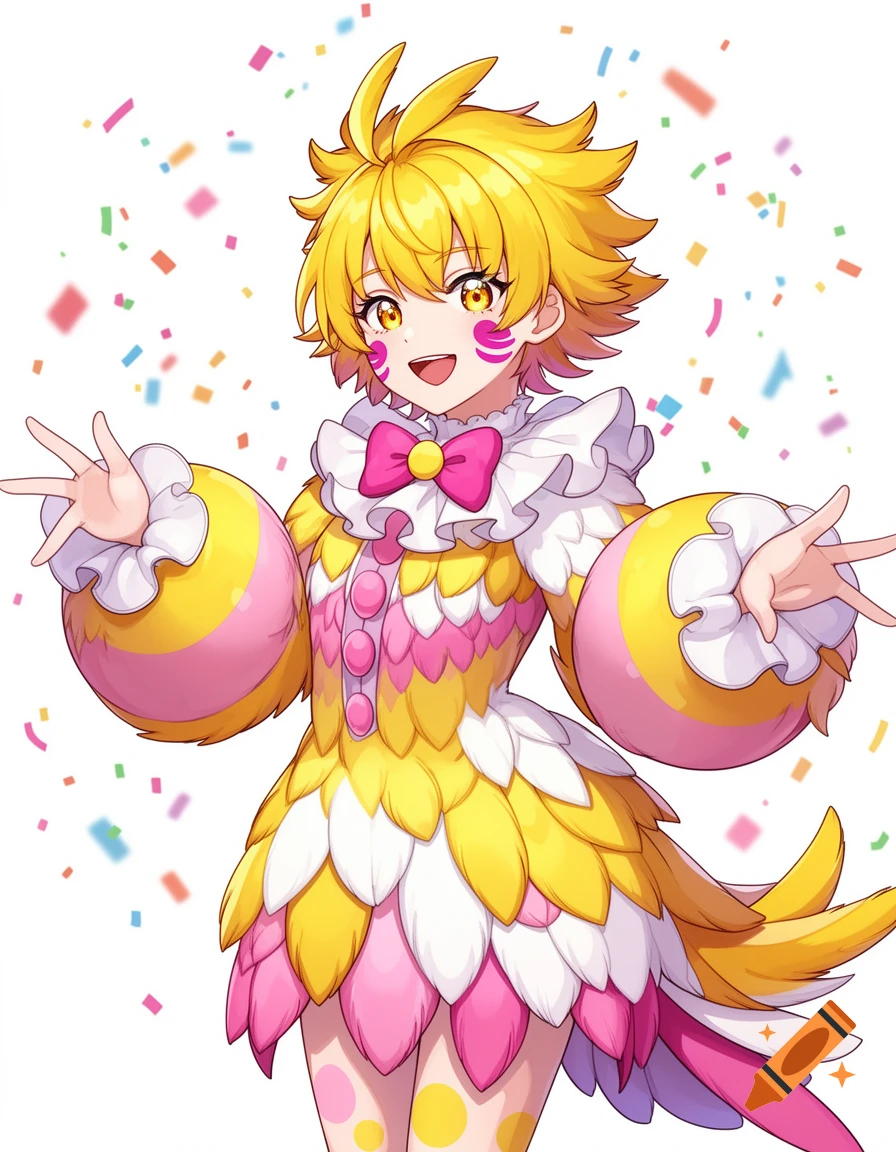 Anime girl in a yellow, white, and pink bird costume with clown makeup, surrounded by confetti.