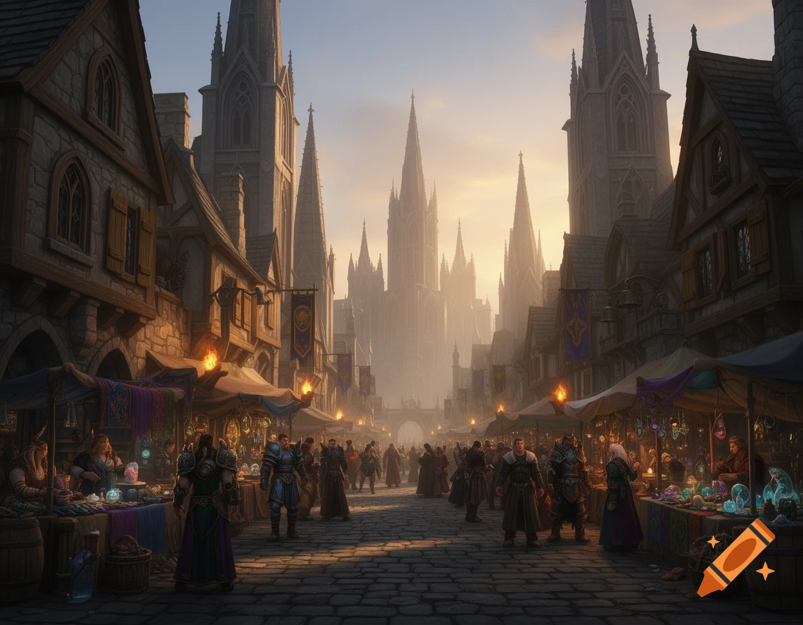 A bustling fantasy medieval street market at dusk, with gothic cathedrals towering over vendor stalls and crowds.