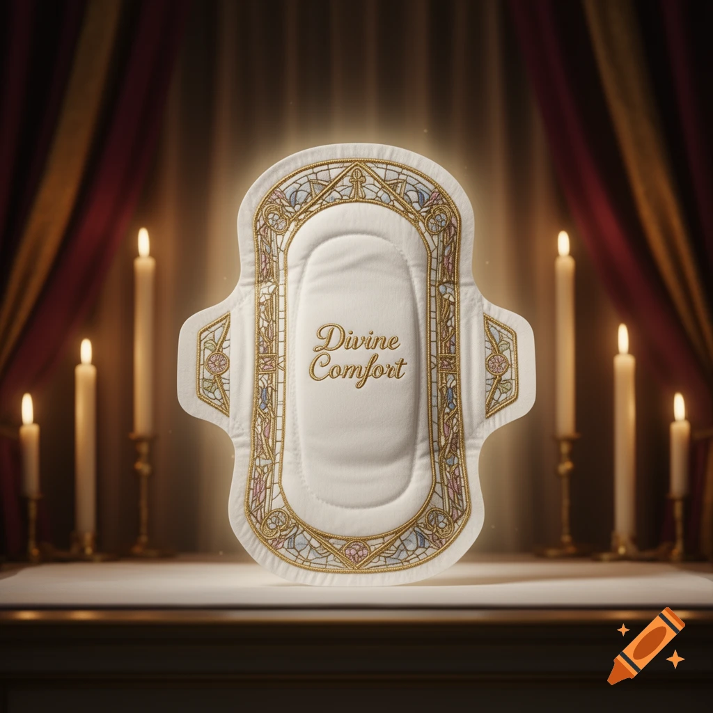 A glowing maxi pad with stained-glass patterns and 'Divine Comfort' text rests on a table, surrounded by lit candles against a dark, curtained background.