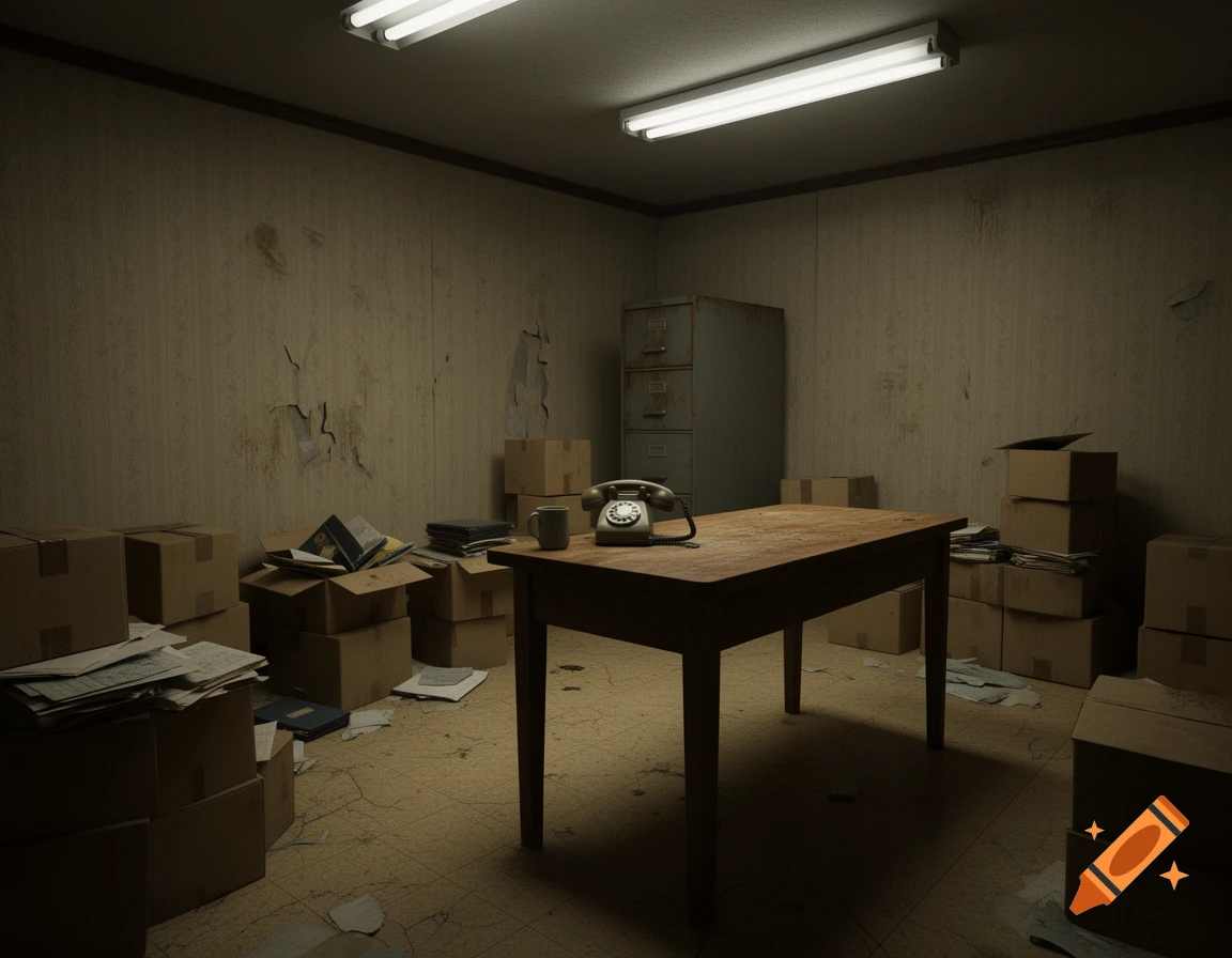 A dimly lit, decaying office room with a wooden desk, old rotary phone, filing cabinet, and stacks of cardboard boxes.