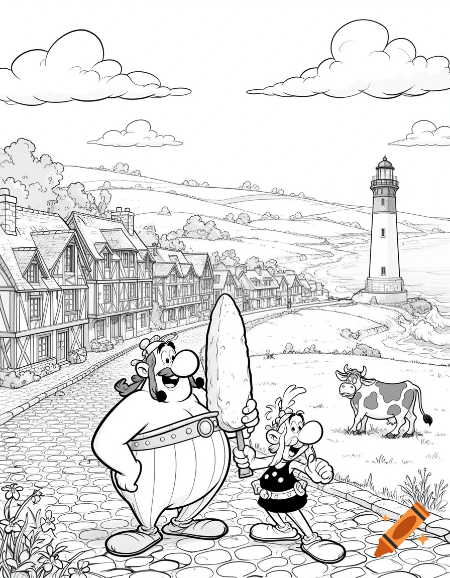 Black and white coloring page of Obelix and Asterix in a French coastal village with a lighthouse and a cow.