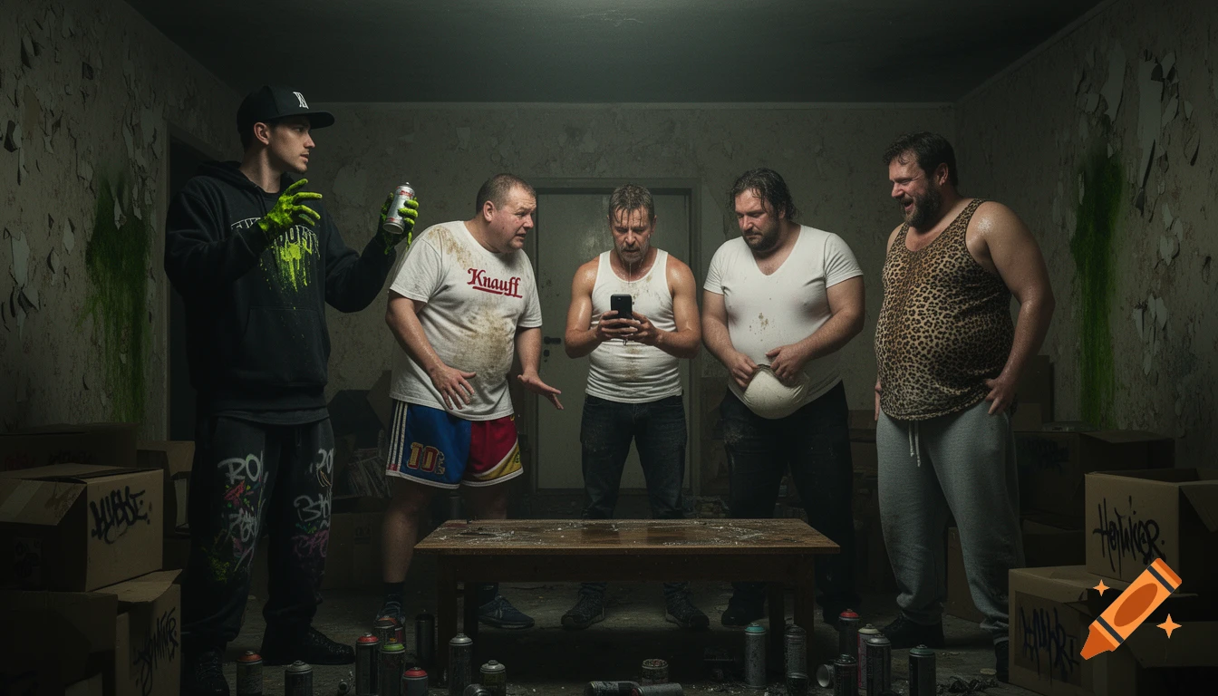 Photorealistic cinematic wide-shot movie still of five men, a bizarre gang of low-income German criminals, in a dark, messy basement apartment.