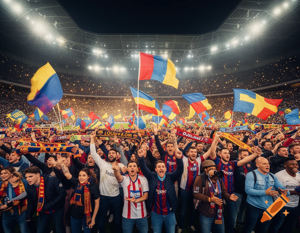 A vibrant, photorealistic image of cheering soccer fans waving flags and scarves in a brightly lit stadium at night, with sparkling confetti.