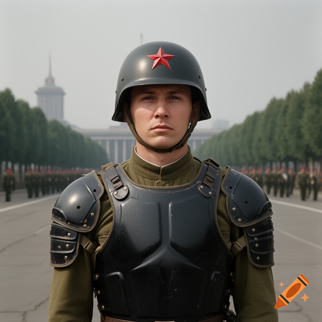 Photorealistic close-up of a Soviet soldier in black armor and a helmet with a red star, standing on a parade ground.