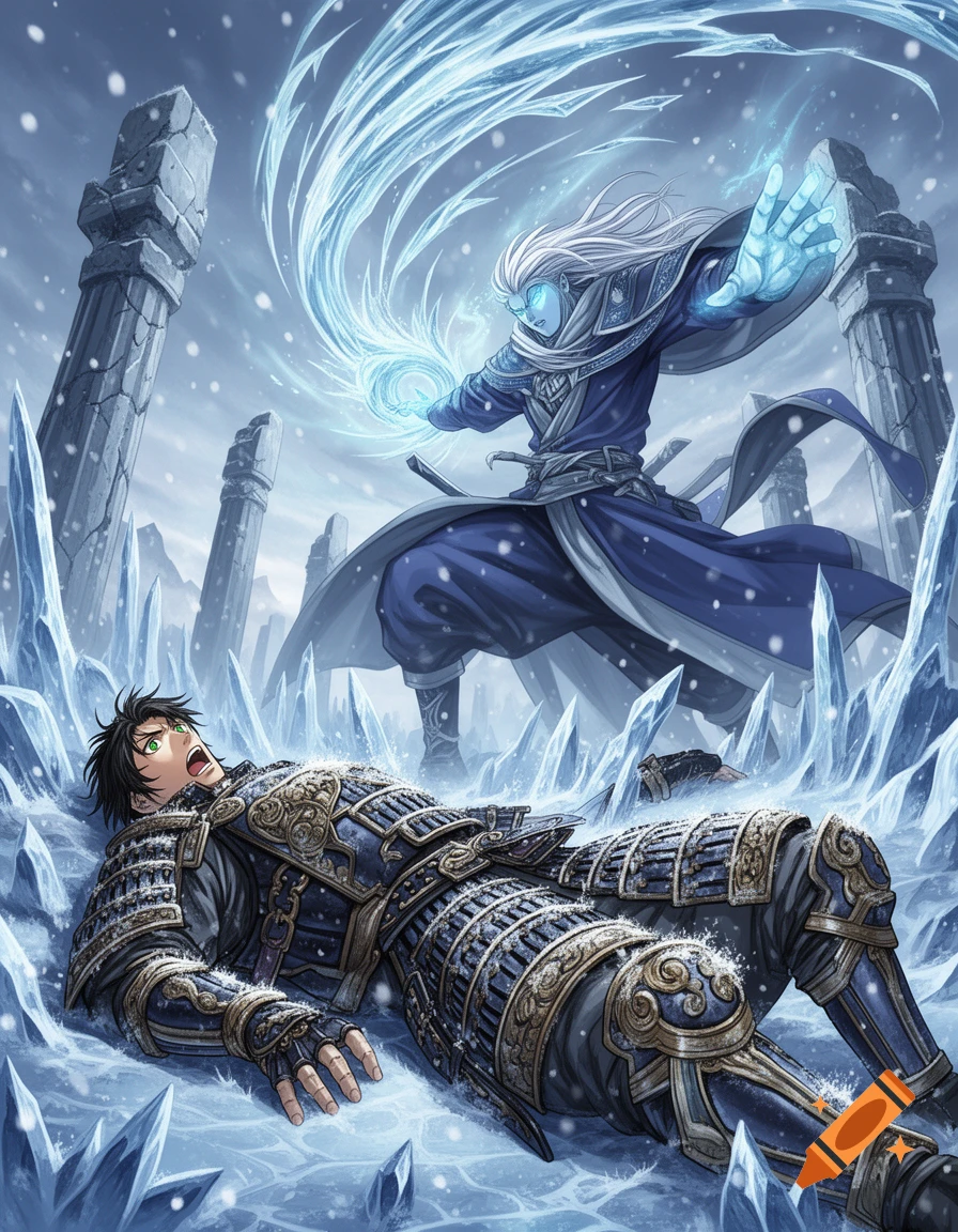 An anime ice wizard casts a spell on a fallen armored warrior in snowy ruins.
