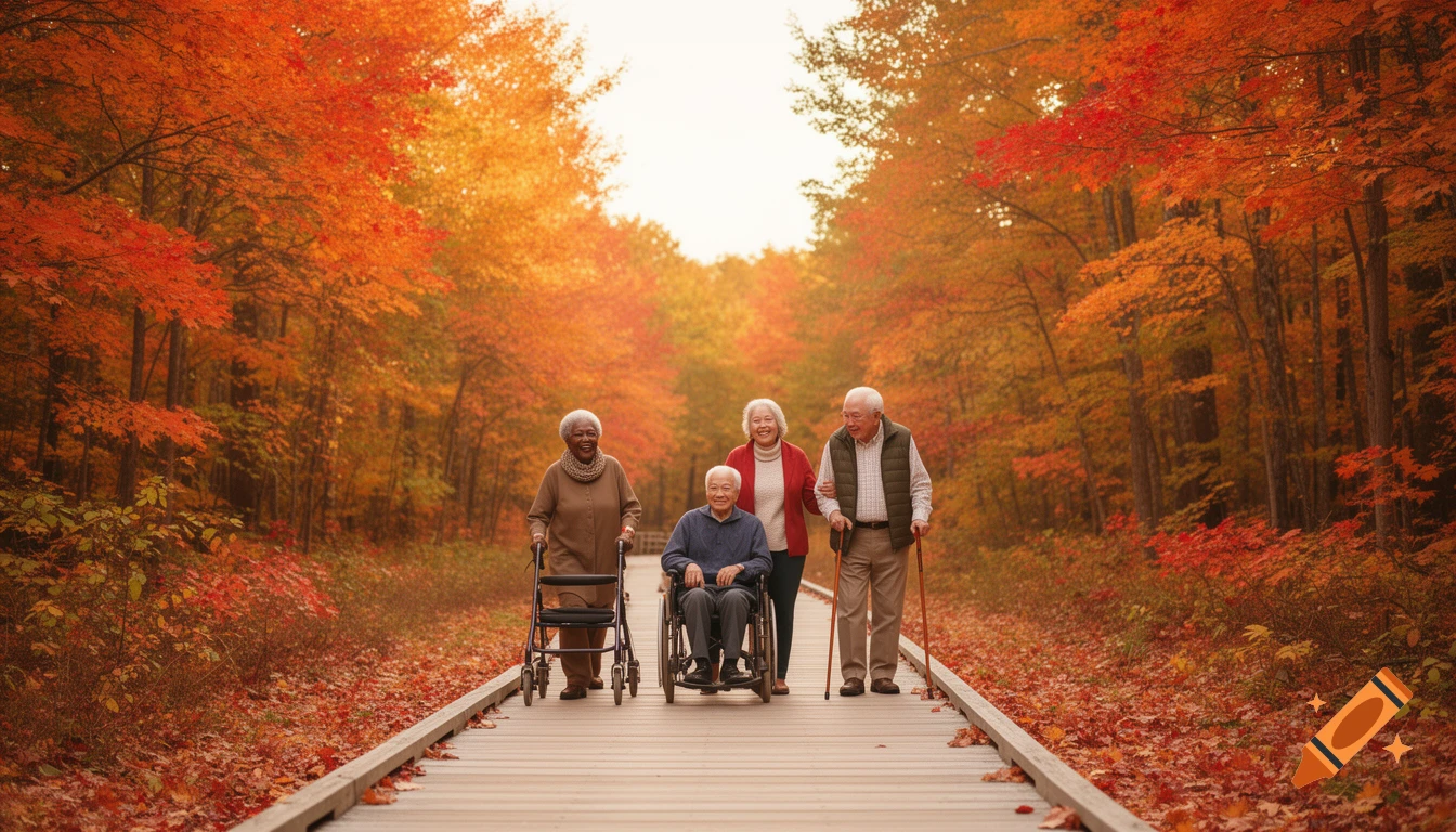 A diverse group of smiling seniors on a wooden boardwalk through a vibrant autumn forest.