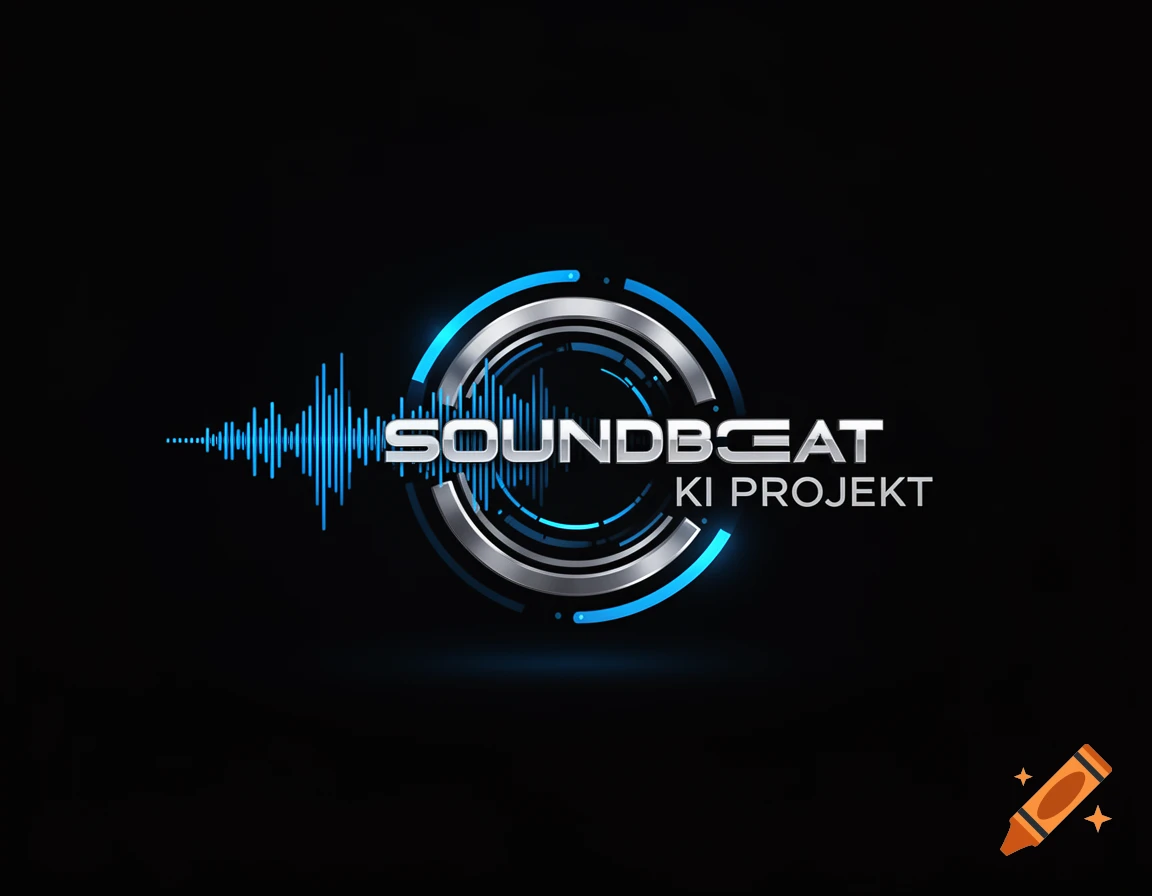 Modern digital logo for Soundbeat KI Projekt with a blue soundwave, metallic rings, and glow on a black background.