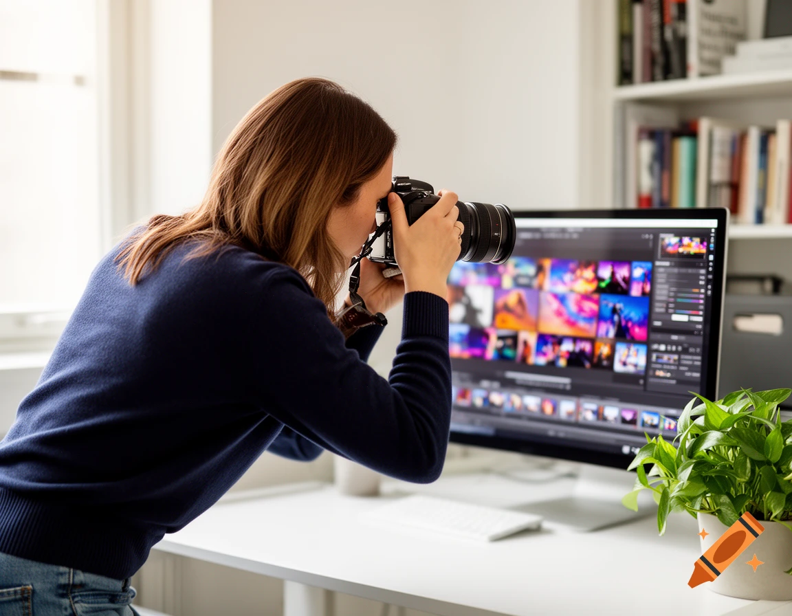 A woman in a blue sweater photographs a computer screen filled with colorful images in a well-lit room.