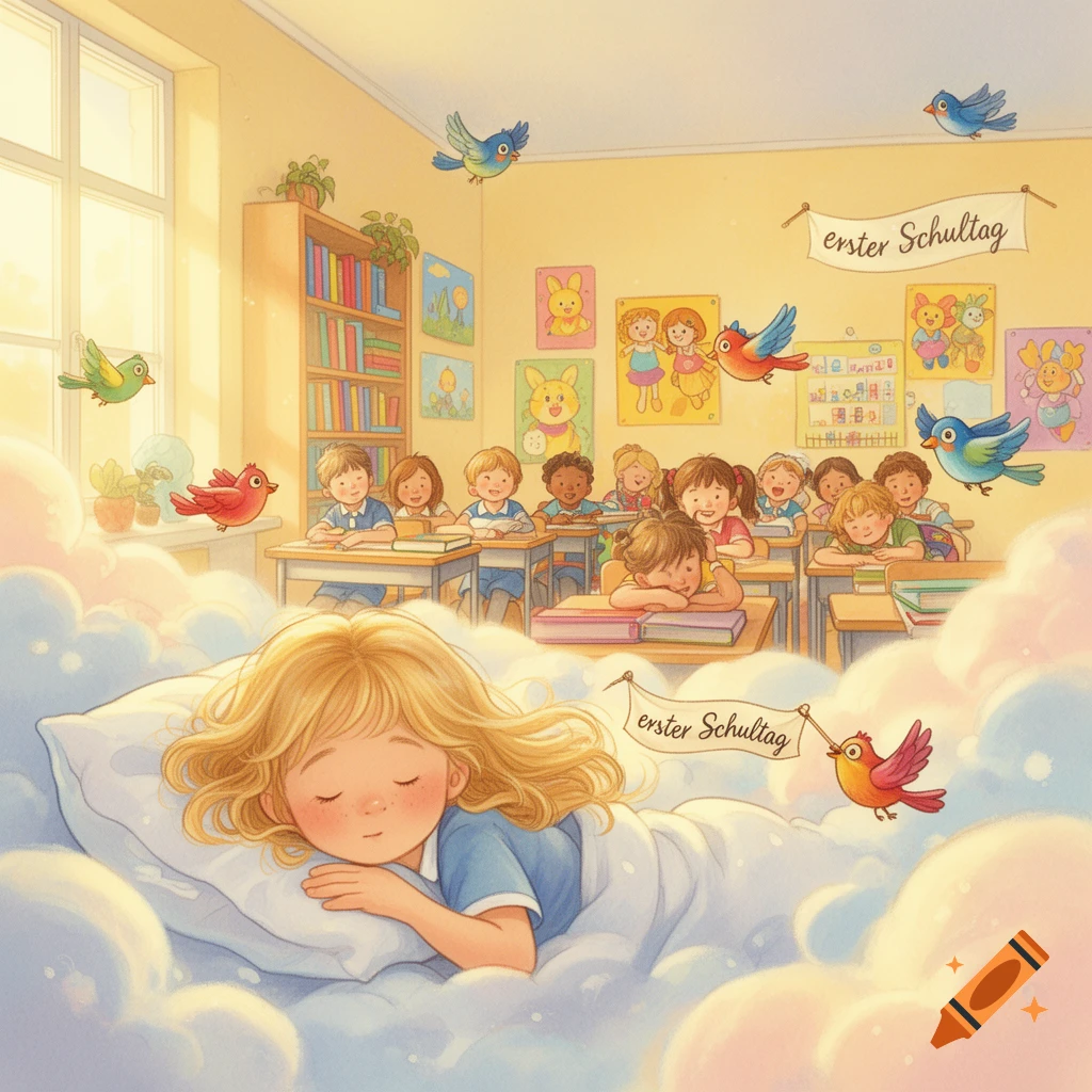 Children's illustration of a girl dreaming of her first day of school, depicting a classroom with students and birds.