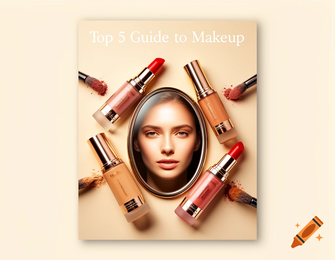 A flat lay image features a mirror reflecting a woman's face, surrounded by tubes of foundation and lipsticks, with "Top 5 Guide to Makeup" text.
