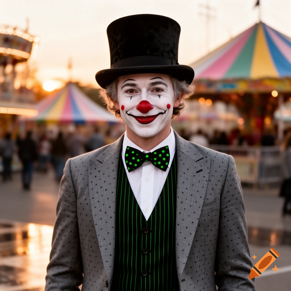 Photorealistic portrait of a smiling clown in a top hat, dotted suit, and green bowtie at a carnival during sunset.