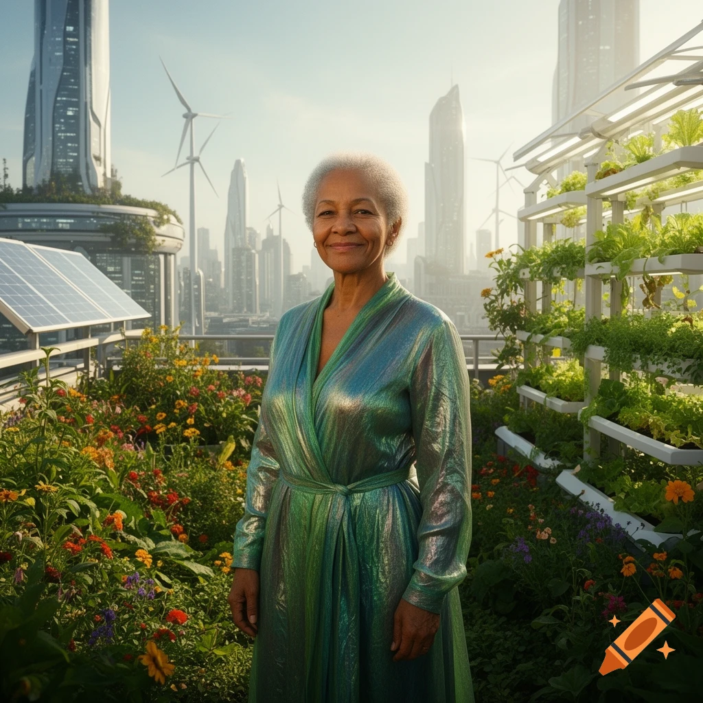 An older woman smiles in a vibrant rooftop garden with solar panels and wind turbines, overlooking a futuristic city skyline.