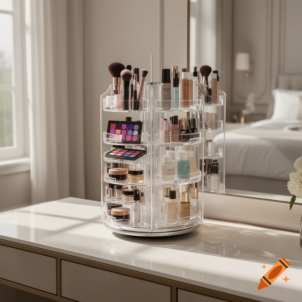 A clear acrylic rotating makeup organizer filled with various cosmetics and brushes on a vanity in a bright bedroom.