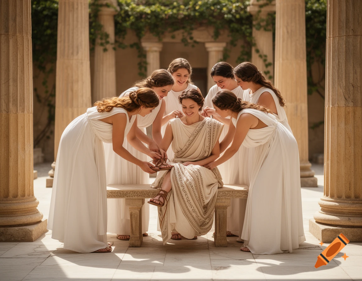 Group of ancient Greek women in white robes attending to the sandals of a seated woman in a classical courtyard.