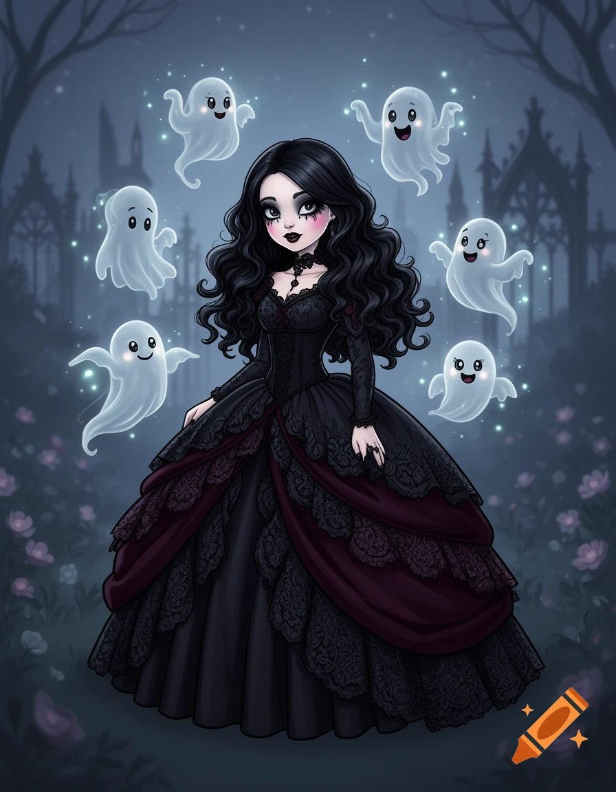 A cartoon gothic girl in a black and red poofy dress stands with several friendly white ghost companions in a dark, ethereal landscape with distant gothic architecture.