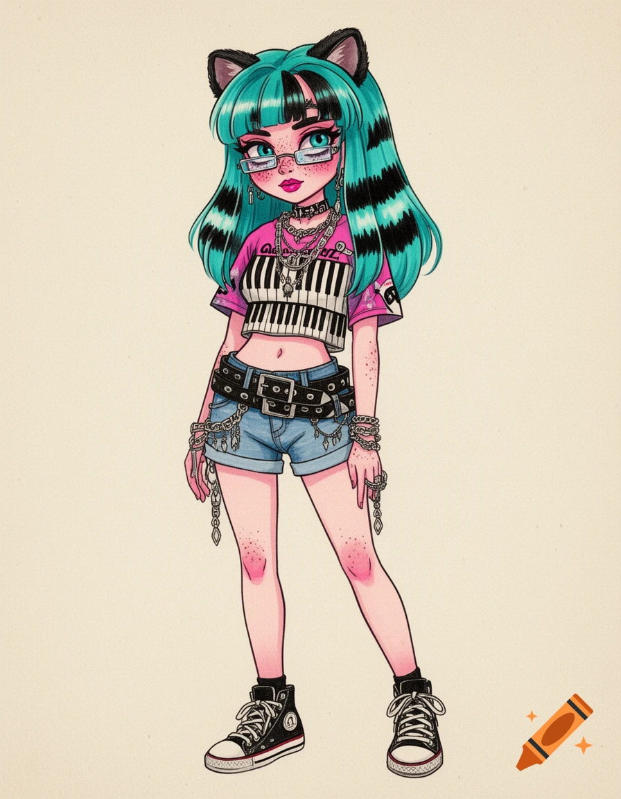 Stylized anime girl with teal and black striped hair, cat ears, glasses, piano crop top, denim shorts, and chains.