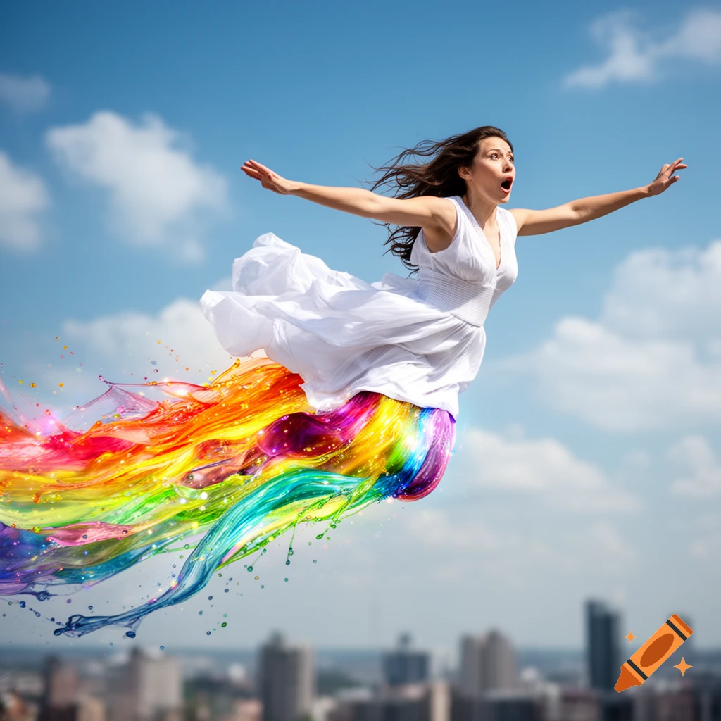 A woman in a white dress flies through a sunny sky above a city, leaving a vibrant rainbow-colored liquid trail.