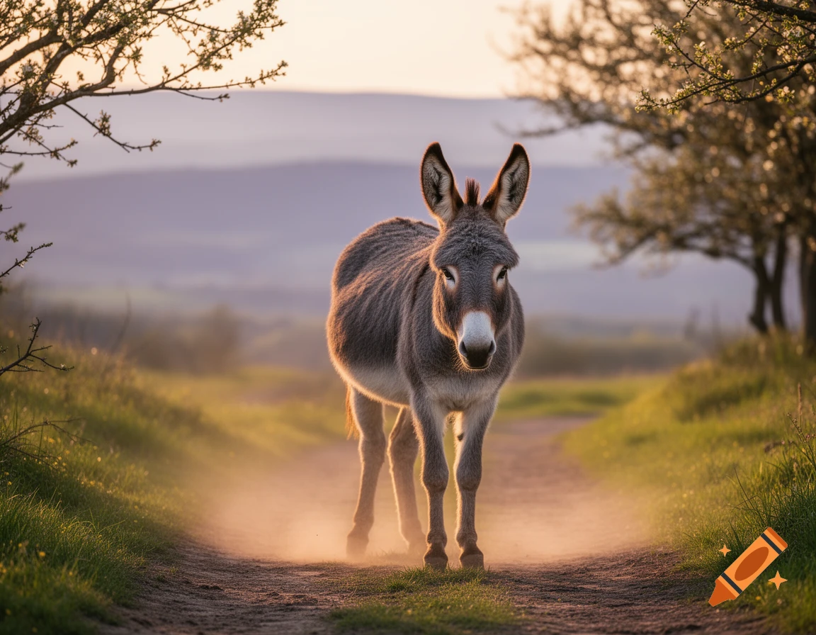 A photorealistic image of a grey donkey standing on a dusty path at sunset, framed by trees and hills.