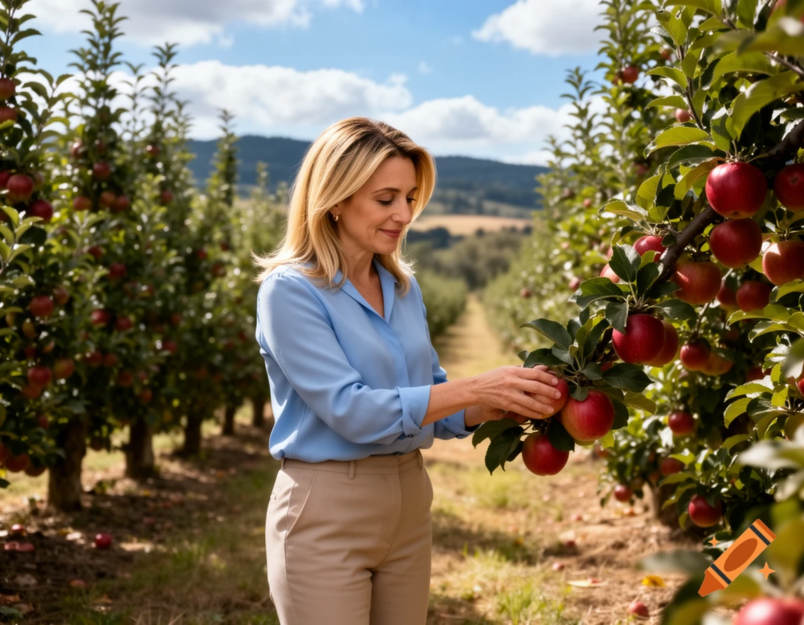 A woman in a blue shirt and tan pants picks red apples in a sunlit orchard with rows of apple trees.