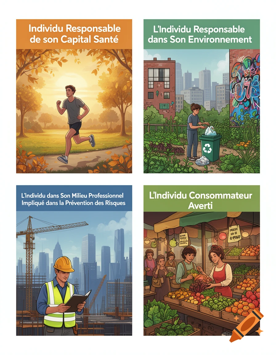 Four colorful illustrated panels depicting various themes: a man running in a park, a person recycling in an urban garden, a construction worker reading, and a woman selling produce at a market.