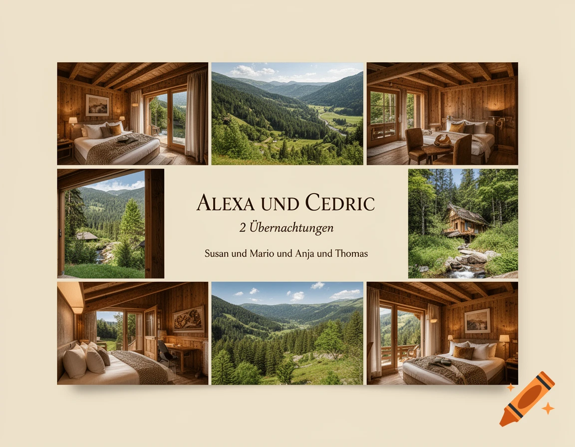 Voucher for Alexa and Cedric for 2 nights, featuring a collage of rustic hotel rooms and scenic mountain forest views with a cabin.