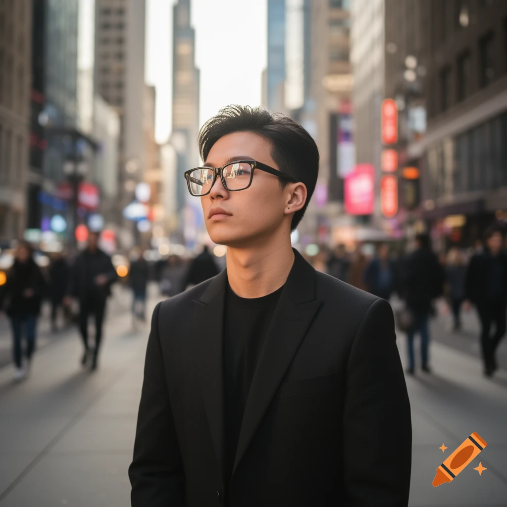 A young East Asian man in a black suit and glasses stands looking up in a bustling city street.