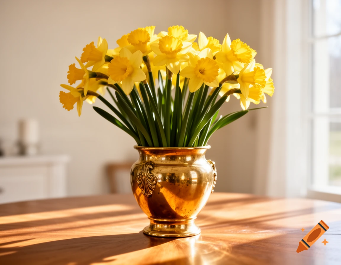 Daffodils in a golden vase on a wooden table, bathed in warm sunlight from a window.