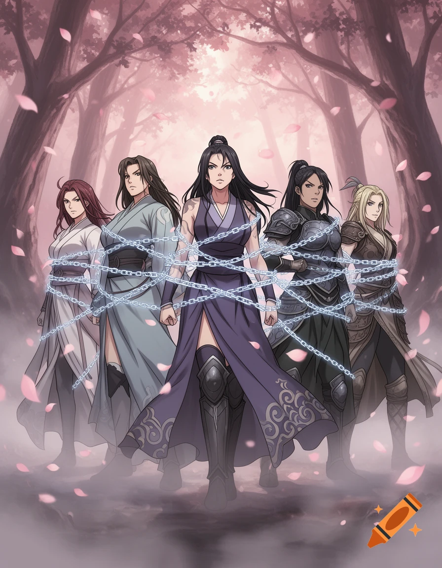 Five anime women bound by chains in a mystical forest with pink leaves.