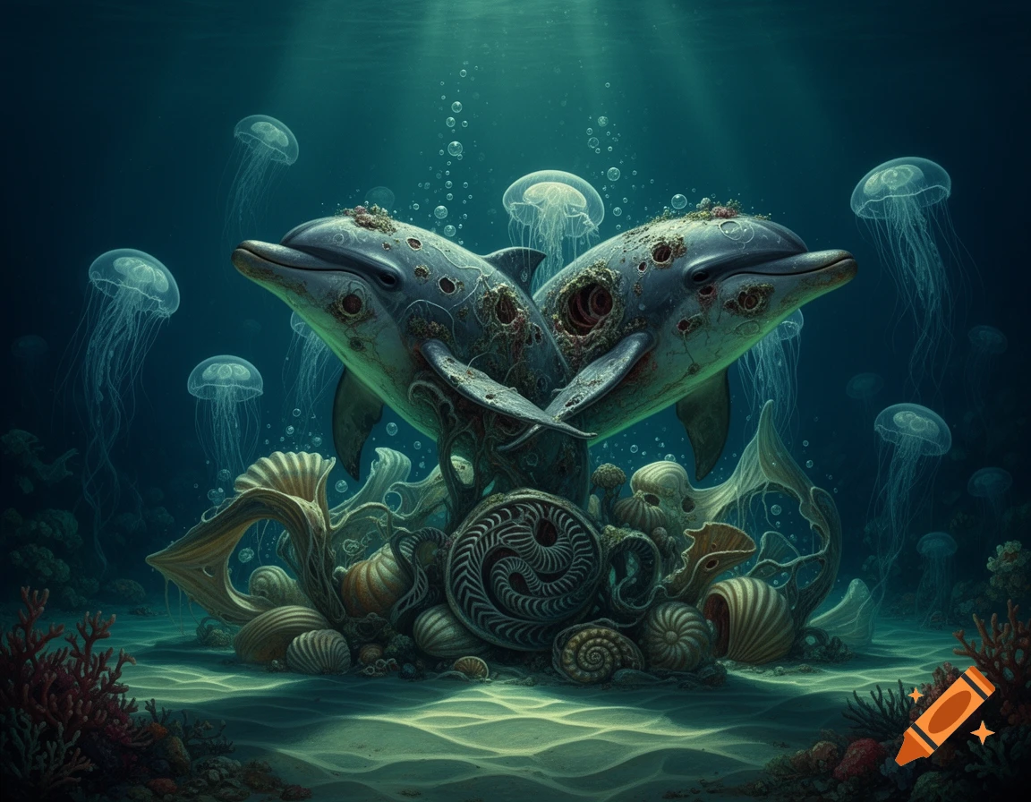 Two intricately detailed, decaying dolphins intertwine with biomorphic seashells and corals in a dark underwater scene with jellyfish.