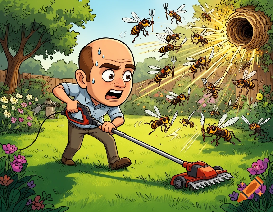Cartoon of a bald man with a lawn tool, sweating and screaming as an army of wasps with tiny pitchforks and knives flies out of a nest to attack him in a sunny garden.