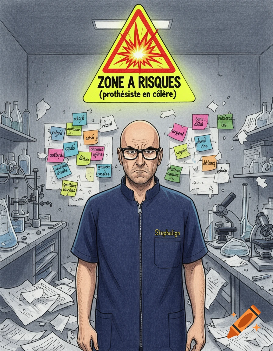 An illustration of a bald man in a lab coat, looking annoyed, standing in a messy lab with a "ZONE A RISQUES" warning sign and many sticky notes.