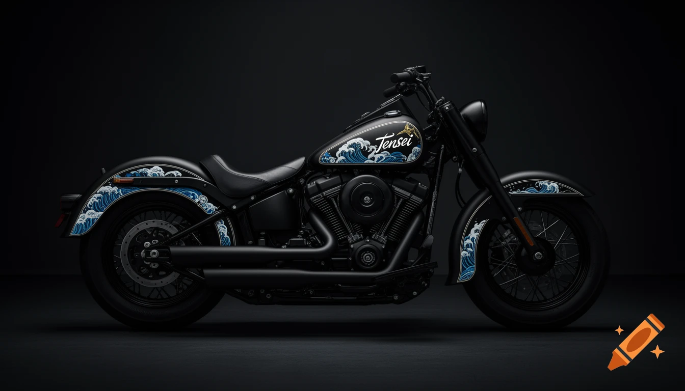 Matte black custom Harley-Davidson motorcycle with blue and white Japanese wave patterns and 'Tensei' on the tank in a dark studio.