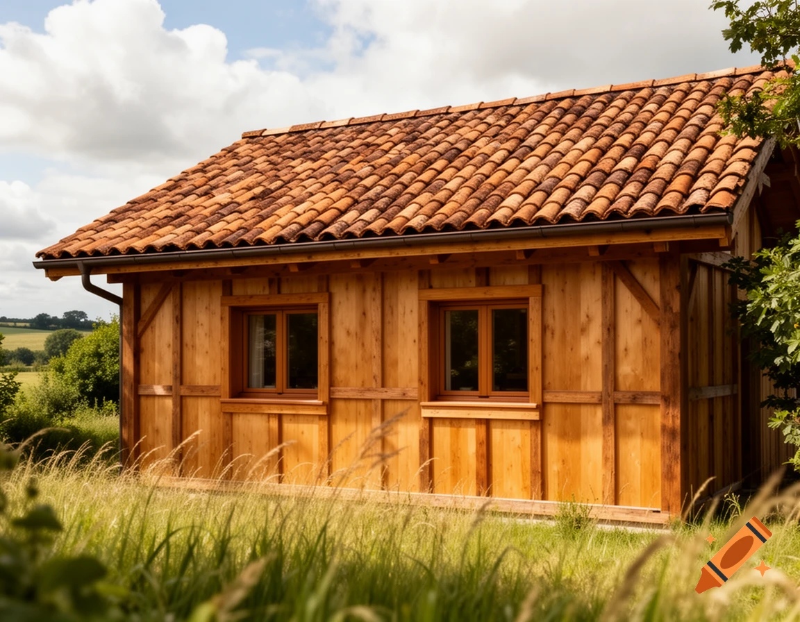A rustic wooden house with a terracotta tiled roof and two windows stands amidst tall grass under a partly cloudy sky.