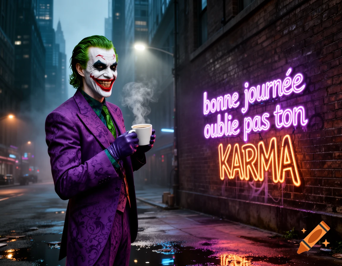 The Joker in a purple suit, green hair, and white makeup, holds a steaming coffee cup on a dark, wet city street with neon signs.