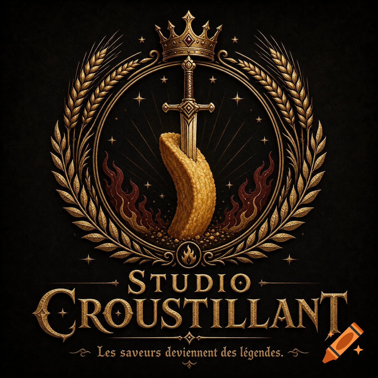A golden, emblem-style logo featuring a medieval sword plunged into a golden fry, framed by wheat, a crown, and text.