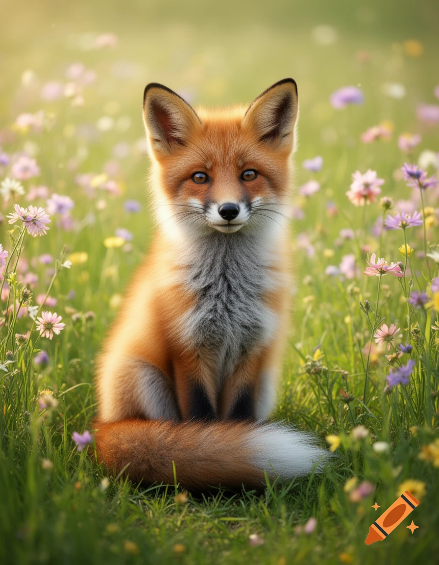 A cute, photorealistic fox sits in a field of colorful wildflowers, looking forward.
