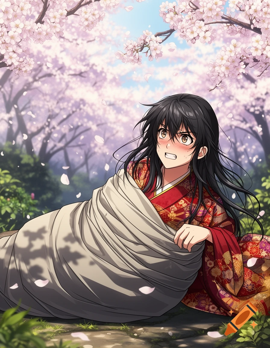 Anime woman in a kimono wrapped in a sleepsack, looking flustered on the ground under cherry blossoms.