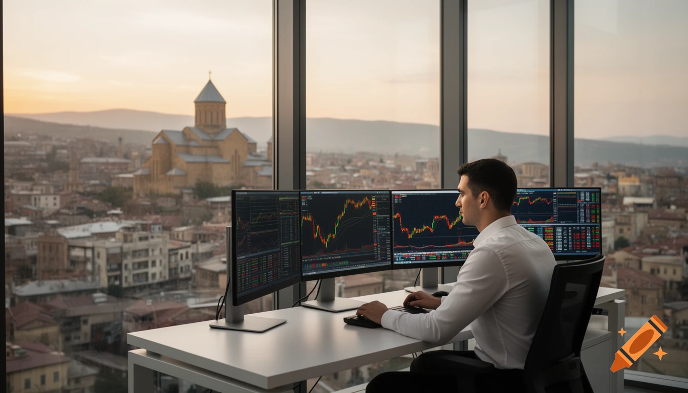 A man in a white shirt trades stocks on three monitors in a high-rise office overlooking Tbilisi city at sunset.