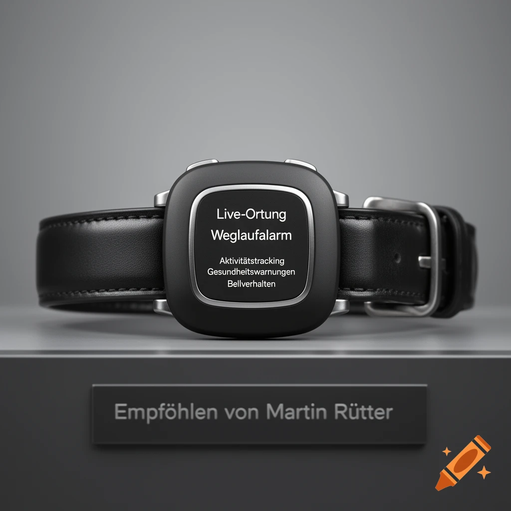 A black and silver pet GPS tracker with text "Live-Ortung" and "Weglaufalarm" on its screen, resting on a gray surface with a plaque below saying "Empfohlen von Martin Rütter". Photorealistic.