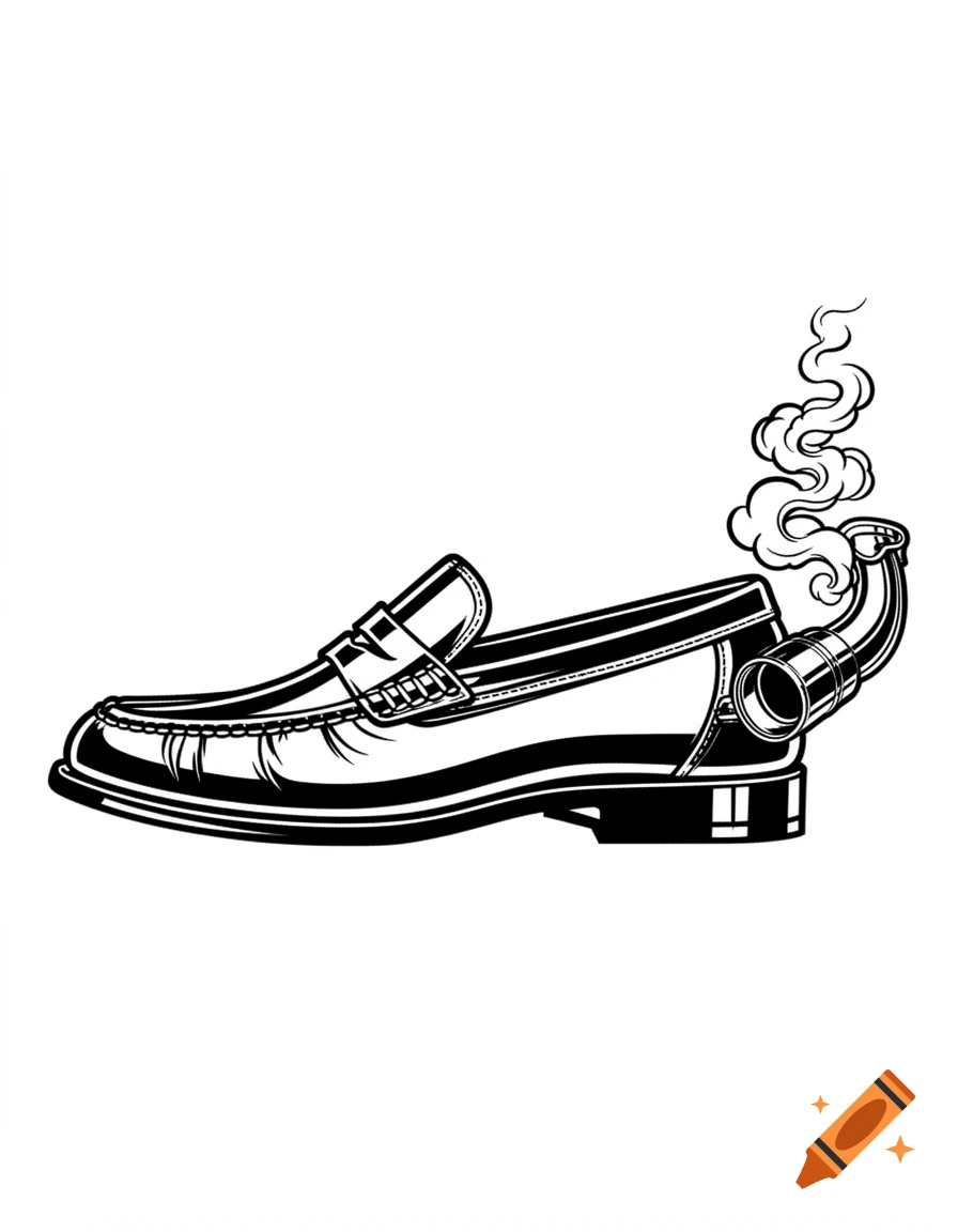A black and white illustration of a loafer shoe with an exhaust pipe on the heel emitting smoke, in a tattoo stencil style.
