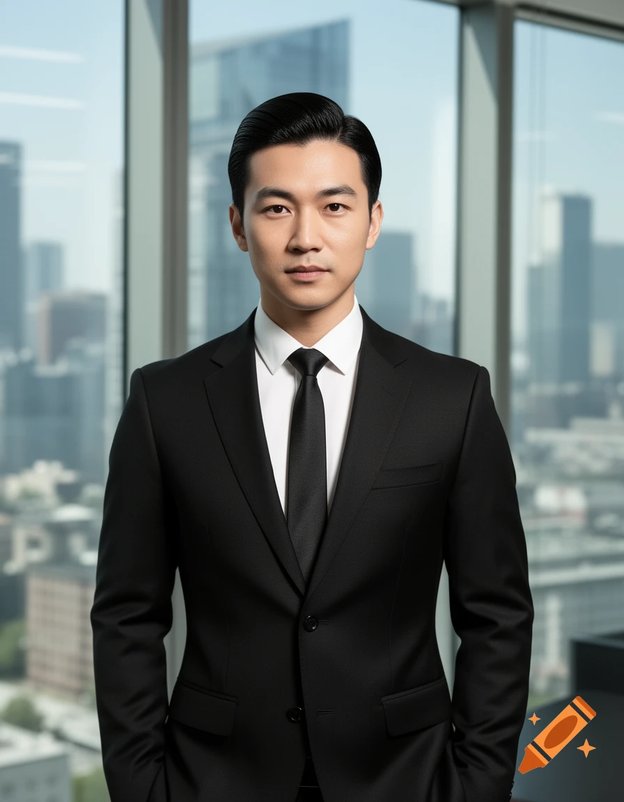 Photorealistic portrait of a man in a black suit and tie, looking at the camera, with a city skyline background.