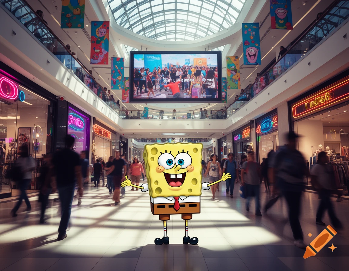 SpongeBob SquarePants stands smiling in the middle of a busy, brightly lit shopping mall, with blurred crowds and stores visible in the background.