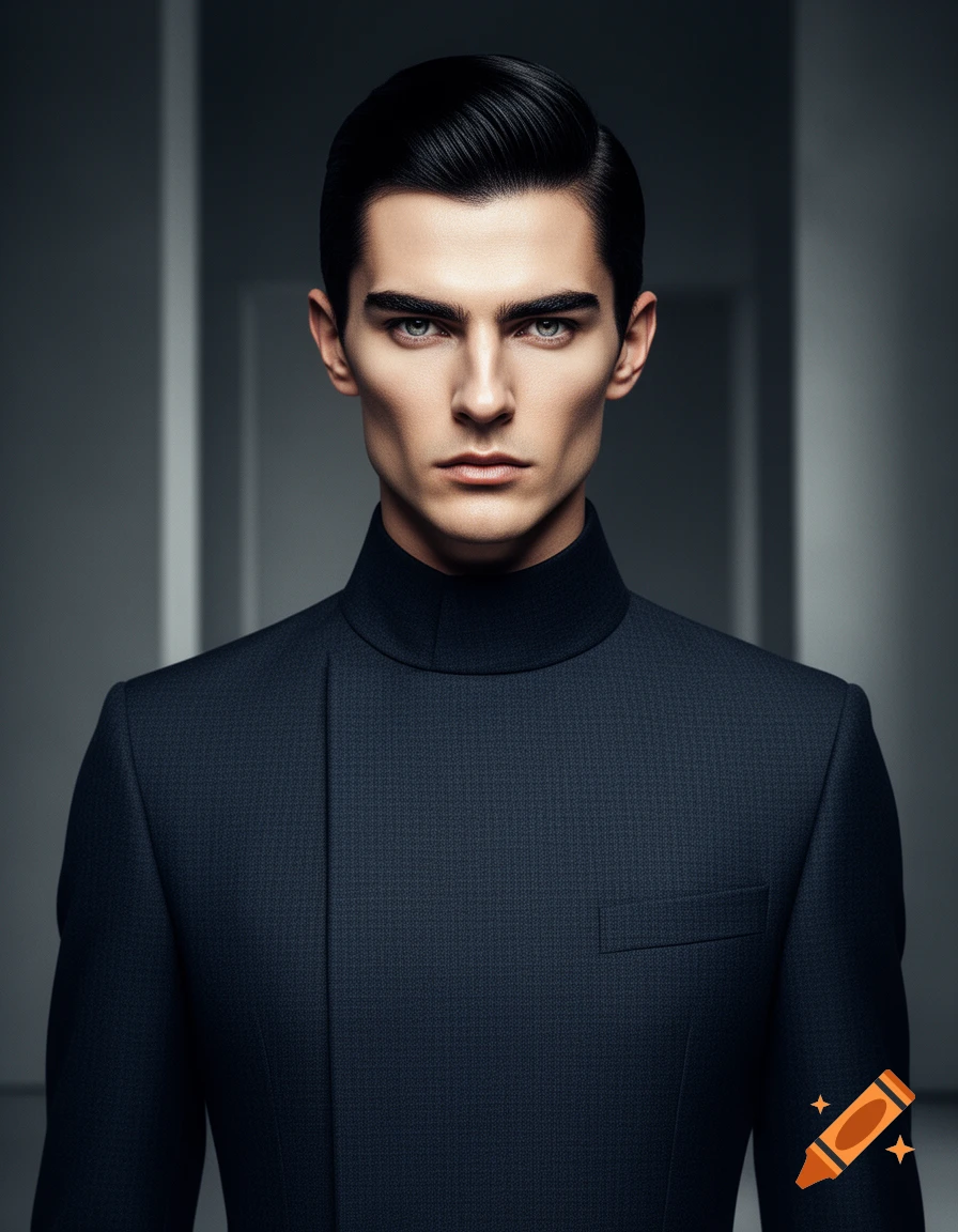 A photorealistic editorial portrait of a man with a chiseled face, intense eyes, and dark hair, wearing a dark, high-collared, tailored suit in a minimalist setting.