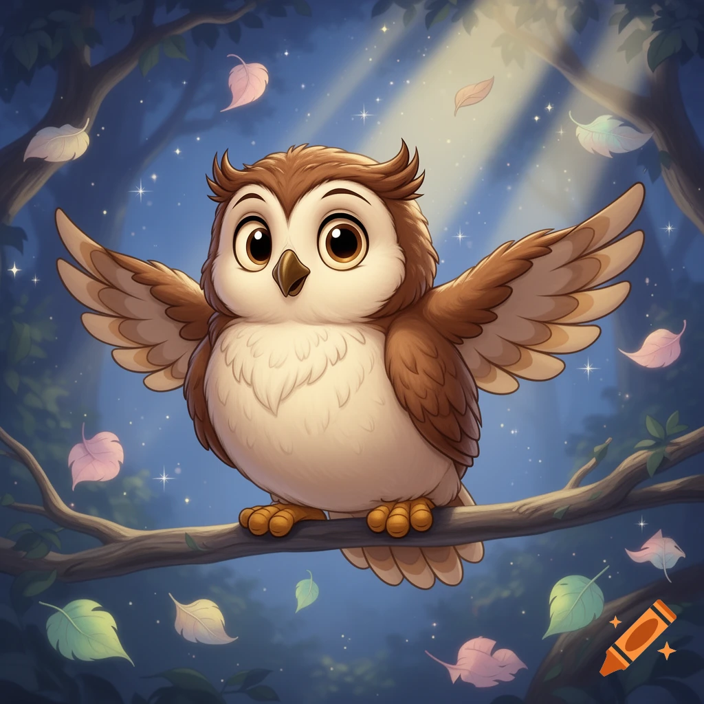 A cute, fluffy cartoon owl with big eyes sits on a branch in a magical, sparkling forest with falling leaves, in Disney style.