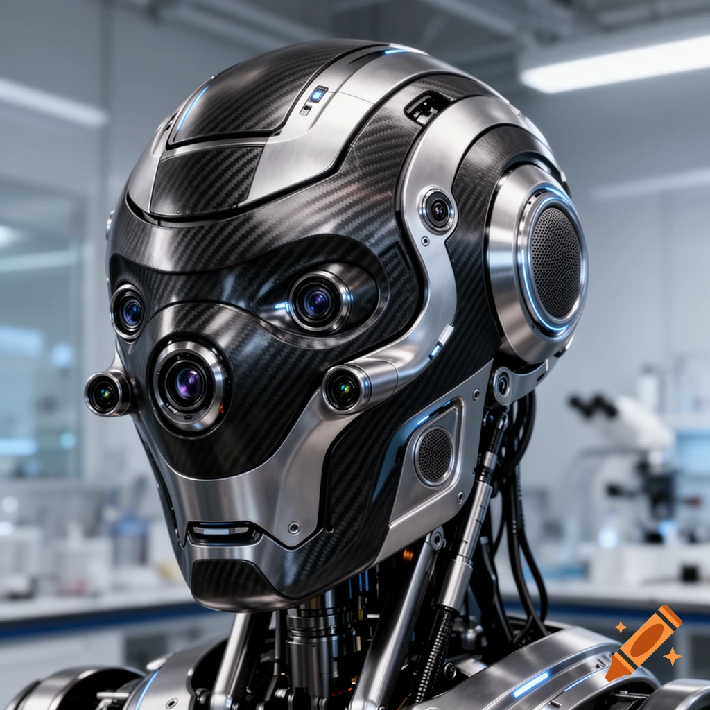 A photorealistic, futuristic robot head with carbon fiber and metallic details, multiple camera lenses, and speakers, against a blurred lab background.