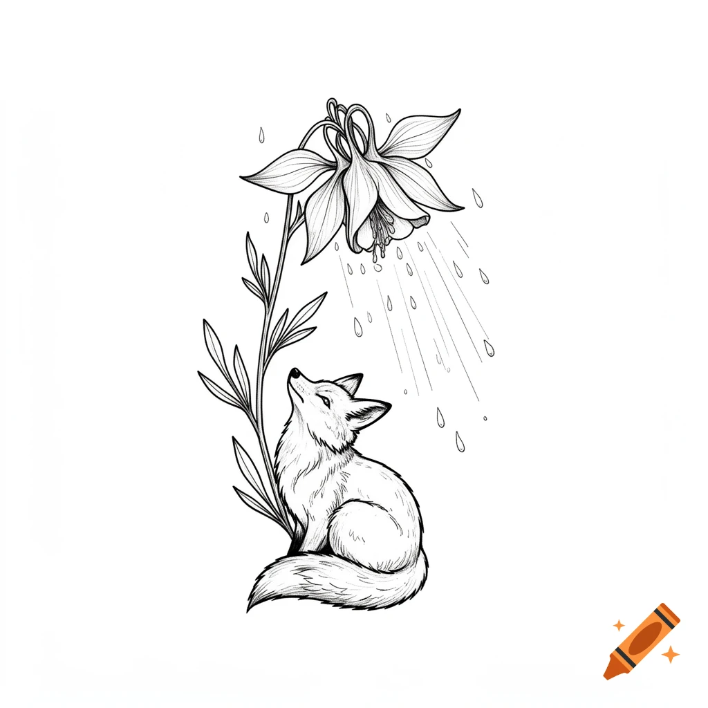 A black and white fine line drawing of a fox looking up at a columbine flower, from which raindrops fall.