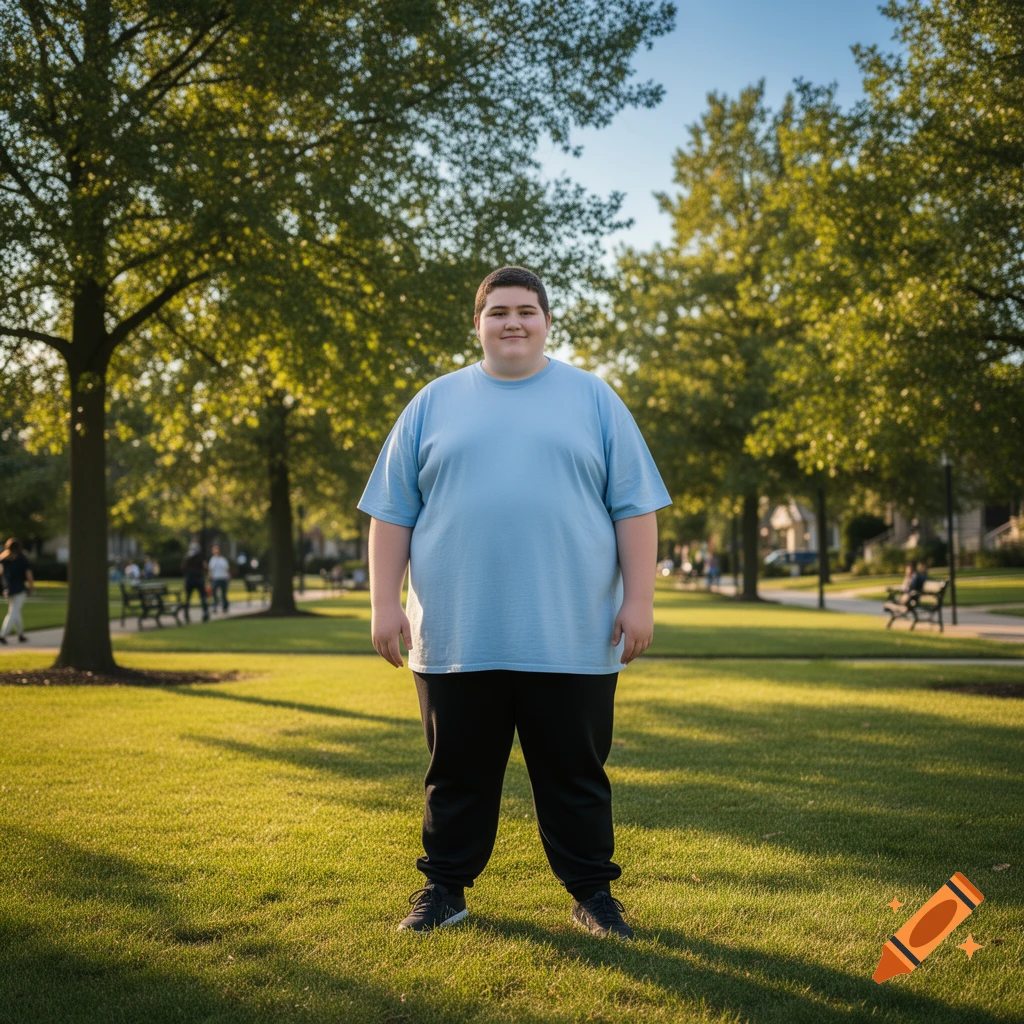 An overweight young boy stands in a sunny park with green grass and trees in the background.