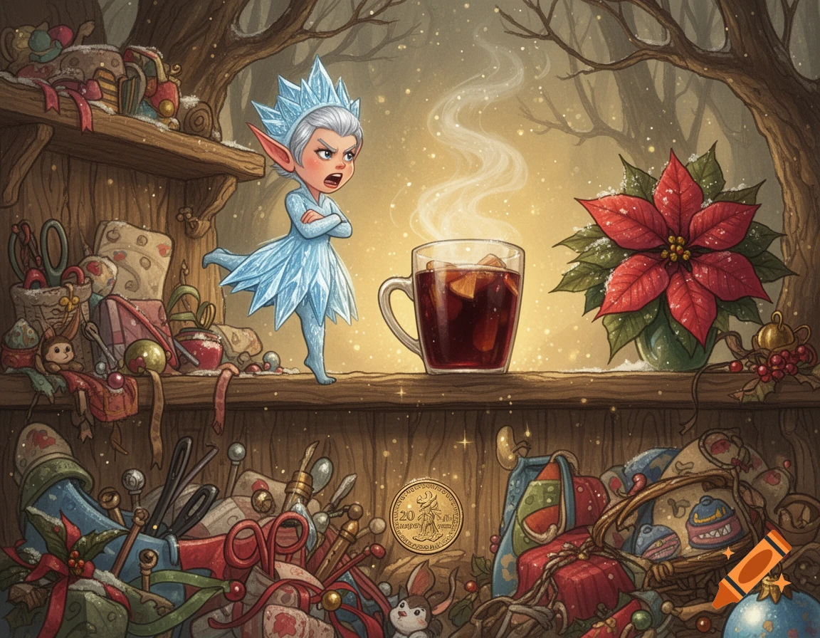 An angry ice elf stands on a wooden shelf with a steaming mug of mulled wine and Christmas decorations in a whimsical illustration.