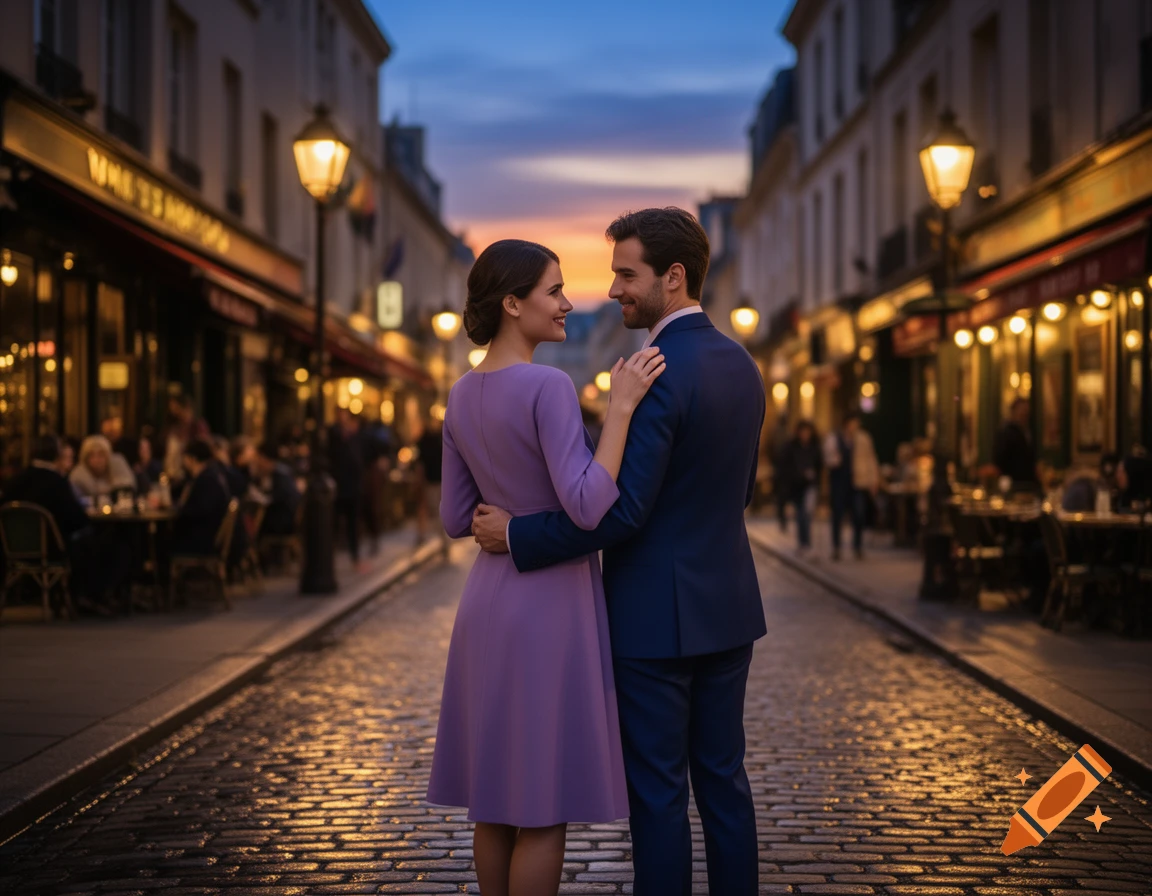 A couple embraces on a cobblestone street lined with glowing shops at dusk, looking into each other's eyes.
